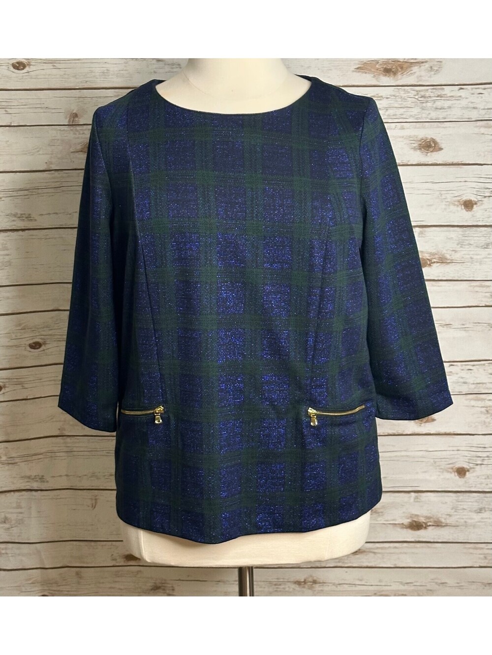 Talbots metallic navy green plaid 3/4 length sleeve gold zipper top 1X preppy